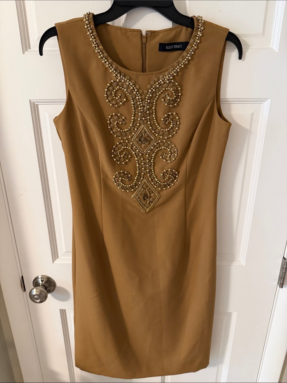 Ellen Tracy Elegant Camel Sleeveless Dress 
Antique Gold Beaded Neckline Size 4